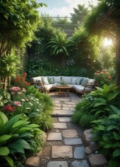 A lush and verdant garden provides a stunning backdrop for a cozy outdoor seating area , botanicals, Zen-inspired, peaceful ambiance