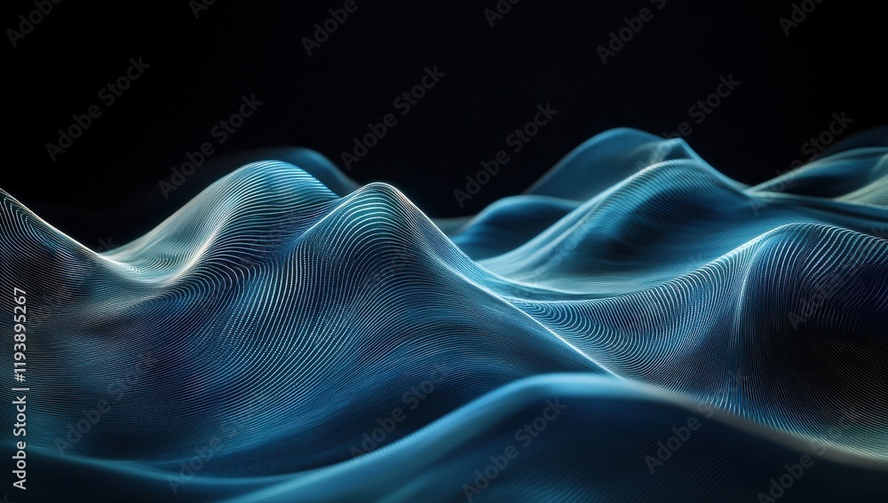 Poster ethereal waves in blue light creating a sense of motion and depth against a dark background evoking 