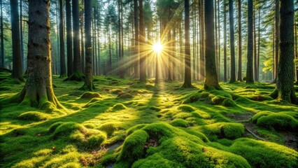 Fototapeta premium A lush carpet of moss covering the ground in a serene forest clearing with sunlight filtering through the trees, dappled light, earthy tones, leaf litter