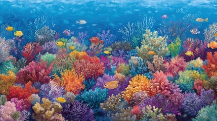 Naklejka premium Vibrant Underwater Scene with Colorful Coral and Tropical Fish