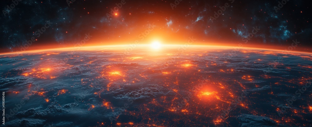Poster global network technology and communication digital artwork of earth in cyberpunk style with connect