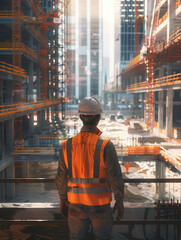 A construction worker observes a busy building site with cranes and scaffolding.