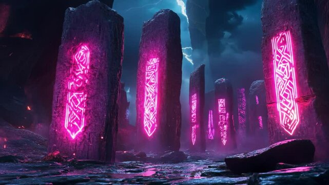 Neon Rune Stone Circle with Lightning - Seamless Loop Background