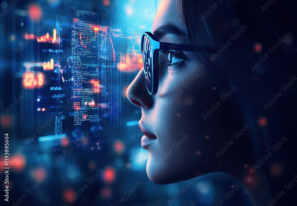 Poster female analyst contemplating data displays and digital information technology in a futuristic enviro