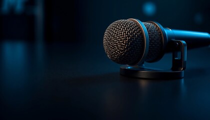 Obraz premium Professional Condenser Microphone on Stand Dark Blue Studio Background Close up Shot