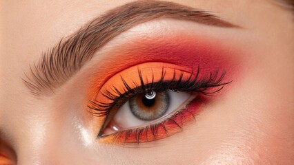 Obraz premium A portrait showcasing an eye with an eyecatching blend of neon orange and coral eyeshadow. The highlight in the inner corner glimmers softly creating a radiant focal point that