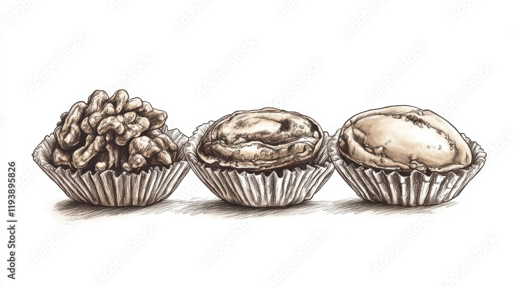 Aufkleber an artistic representation of three distinct desserts in paper liners displaying varied textures and