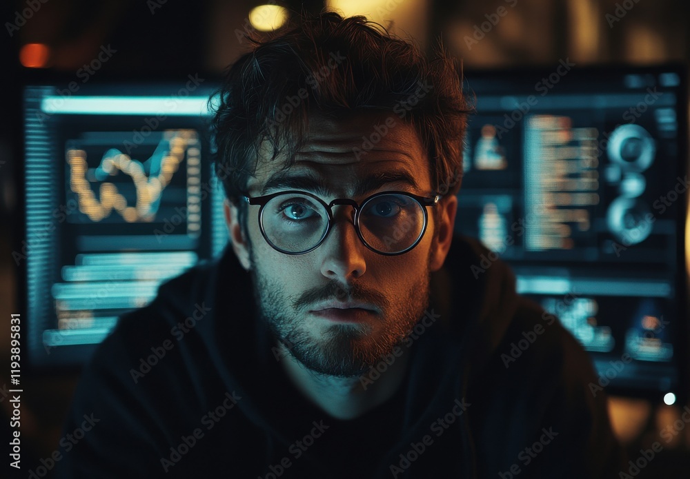 Poster focused male data analyst looking at screen with financial graphs and digital data in a dimly lit of