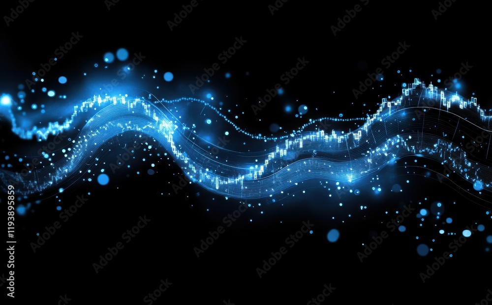 Poster futuristic abstract background with flowing blue waves and sparkling particles for technology, finan