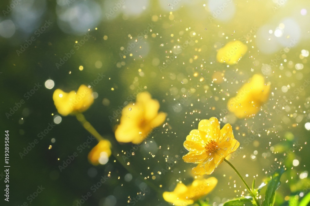 Poster yellow flowers releasing pollen particles in sunlight causing allergic reactions and irritated skin 
