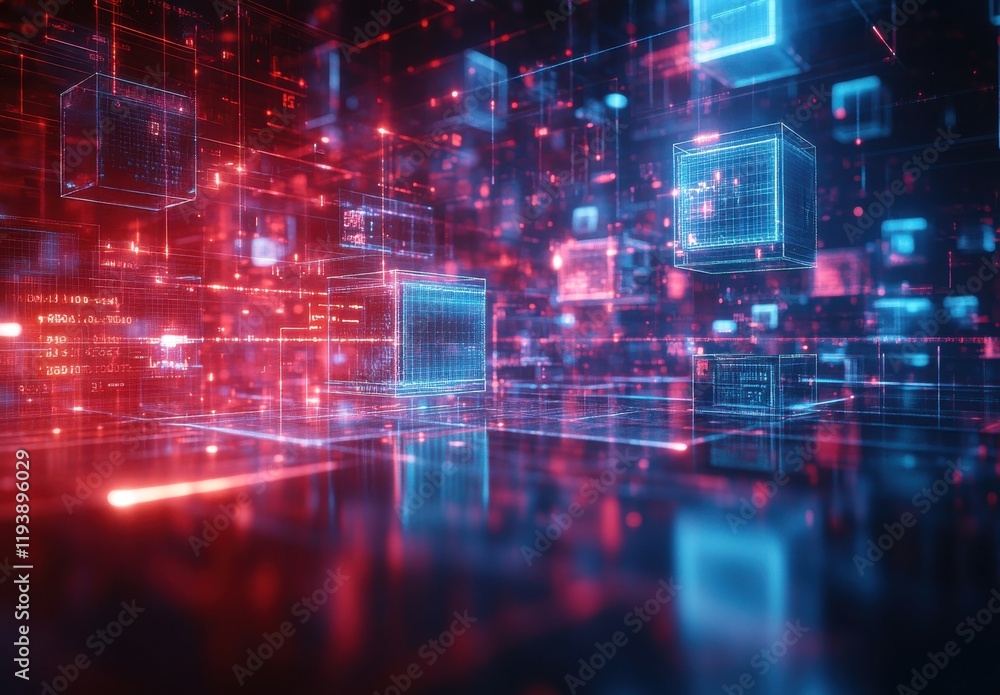 Poster futuristic abstract digital landscape featuring glowing cubes and data streams in vibrant red and bl