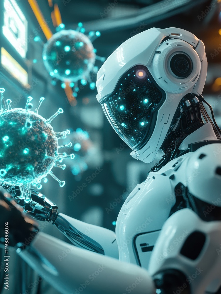 Poster Robots engaged in advanced virus neutralization operations in a futuristic lab setting. Generative AI