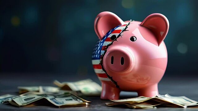 A cracked piggy bank with an American flag design, surrounded by scattered money.