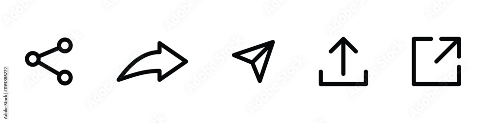 Poster Share icon set. Arrow symbol, Reply send forward icons button. Send message icon. External Link Icon. Upload icon. Connection symbol - network sharing icon. editable stroke
