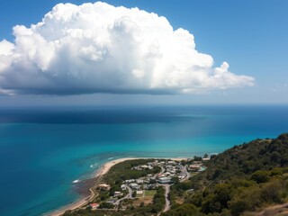 A massive cloud floats above a picturesque coastal village with the turquoise ocean stretching out to meet it in the distance, clouds, ocean