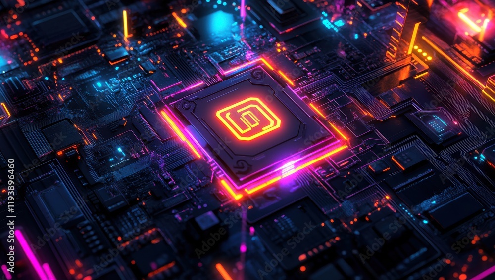 Poster Futuristic Close-Up of a Computer Circuit Board with Neon Lights and glowing Processor in a High-Tech Environment Representing Modern Technology and Innovation