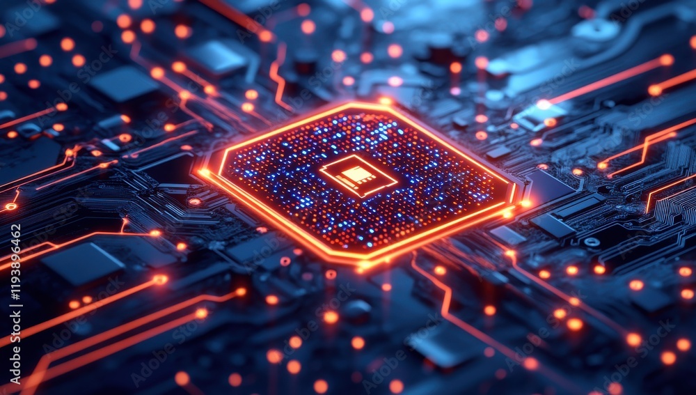 Poster futuristic close-up of a computer chip surrounded by intricate circuit board design with glowing lin