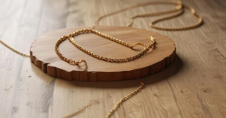 A minimalist wooden table holding a simple yet stunning gold chain necklace, modern, sophisticated, elegant