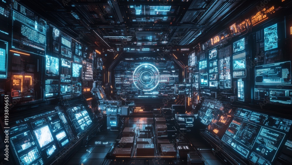 Poster futuristic control room with advanced technology screens and neon lights, immersive sci-fi environme