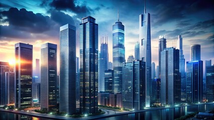Fototapeta premium A modern cityscape at dusk with grey skyscrapers and neon lights, night, technology, lighting, skyscraper