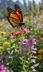 Naklejka premium A monarch butterfly in flight near a patch of colorful wildflowers , butterfly photography, sunlight