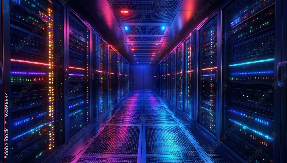 Poster Futuristic Data Center with Colorful LED Lights and Rows of Server Racks in a High-Tech Environment for Technology and Digital Storage Concepts