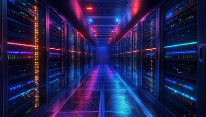 Obraz premium Futuristic Data Center with Colorful LED Lights and Rows of Server Racks in a High-Tech Environment for Technology and Digital Storage Concepts