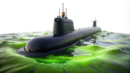 A navy blue submarine partially submerged in a pool of slimy, dark green substance on a white background, gloopy, vessel, storage, submarine, tanks