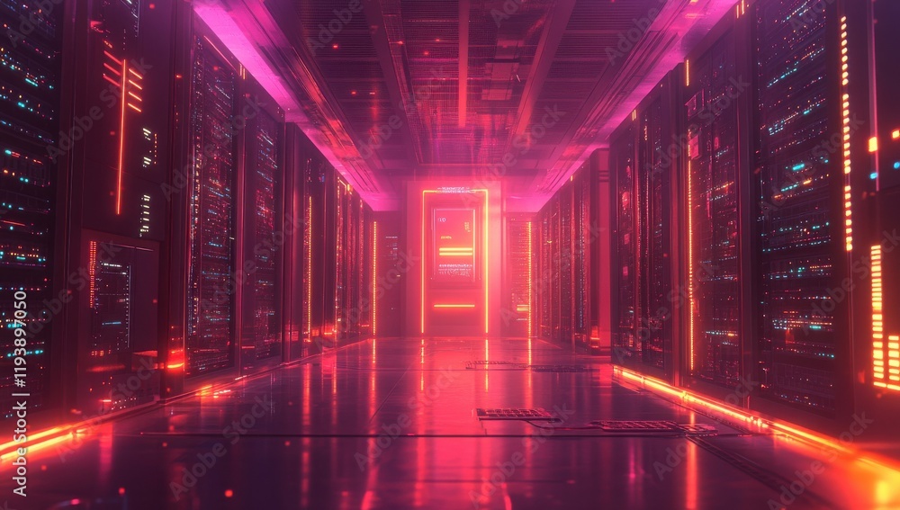 Poster futuristic data center with neon lights and reflections in a high-tech environment featuring rows of