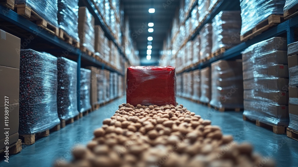 Poster a wide-angle view of a warehouse interior featuring a red package surrounded by nuts and rows of sto