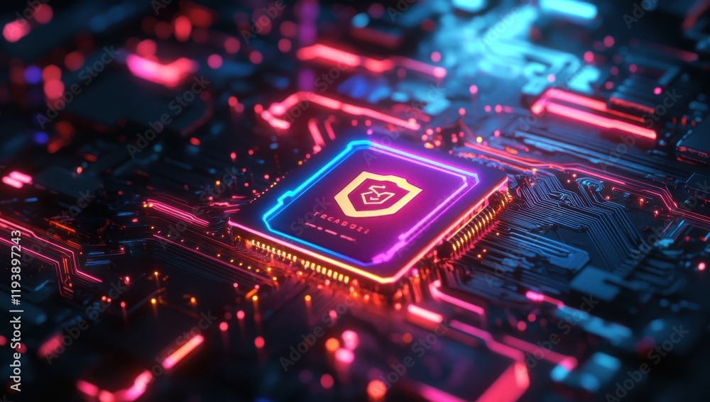 Poster futuristic digital circuit board with neon lights and cpu shield icon symbolizing cybersecurity and 