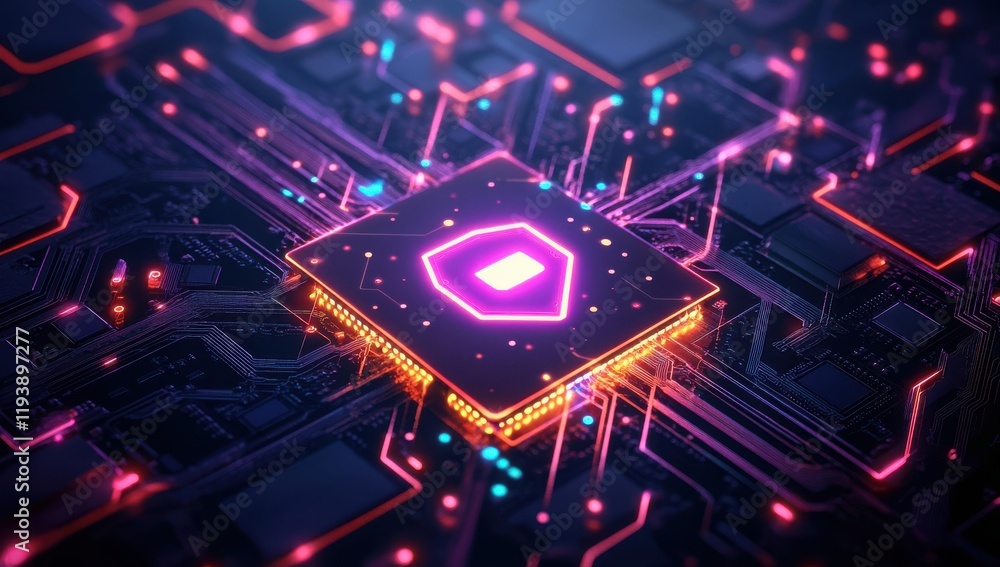 Aufkleber futuristic digital circuitry with a glowing microchip surrounded by vibrant neon colors and complex 