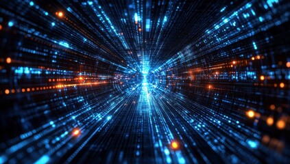 Futuristic Data Stream with Glowing Particles and Bright Lines in a High-Tech 3D Environment, Representing Digital Transformation and Innovation