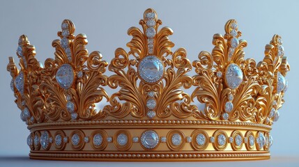 Fototapeta premium Gold crown with diamonds on light background.