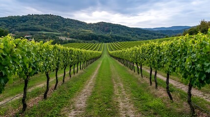 Naklejka premium Vibrant green vineyard with row of grapevines stretching towards rolling hills under blue sky : Generative AI