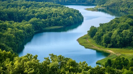 Fototapeta premium Scenic River View in Lush Green Valley with Dense Forest Reflections in Tranquil Water : Generative AI
