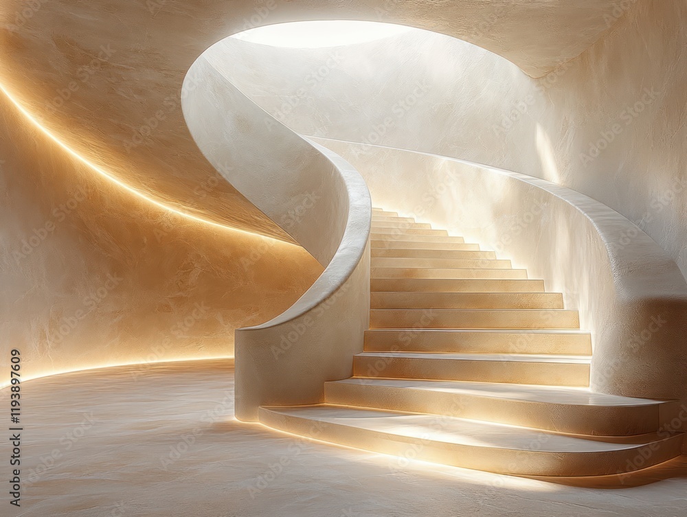 Poster elegant curved staircase with round platform and soft lighting