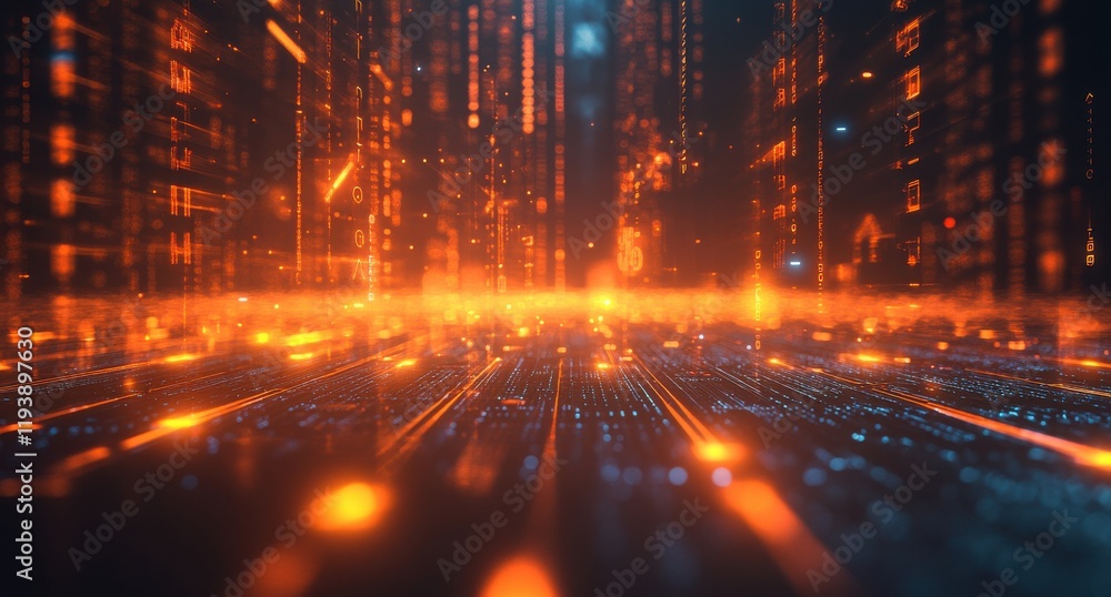 Poster futuristic digital landscape with glowing data streams and matrix code flowing down in a cybernetic 