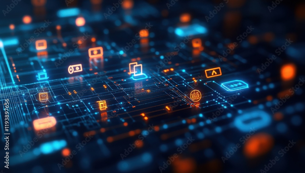 Poster futuristic digital network representation with glowing icons and circuits for technology, data, and 