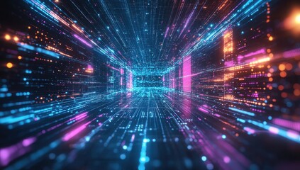 Fototapeta premium Futuristic Digital Tunnel with Colorful Neon Lights and Data Streams Representing Virtual Reality and High-Tech Concepts in Abstract Background