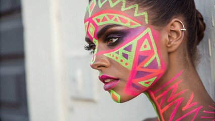 A stunning portrait of a woman with her face extravagantly painted in bright neon hues featuring uneven geometric patterns that draw attention to her defined cheekbones and angular