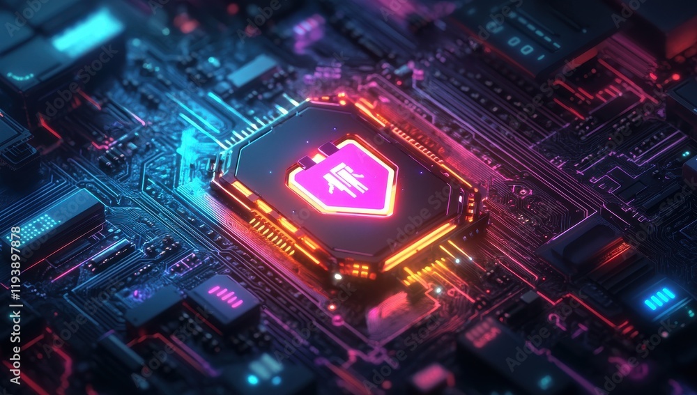 Poster futuristic microprocessor with glowing circuit board and neon lights in a high-tech environment, rep