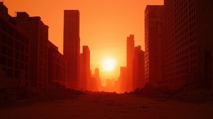Urban Landscape at Sunset in a Post-Apocalyptic Environment