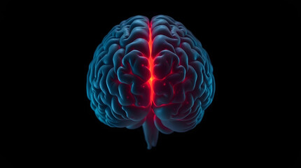 3D rendering of a glowing human brain with a highlighted red area against a black background, thinking, idea, intelligence 