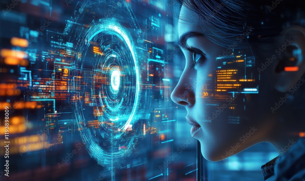Poster futuristic portrait of a young woman engaged with digital technology and advanced user interface dis