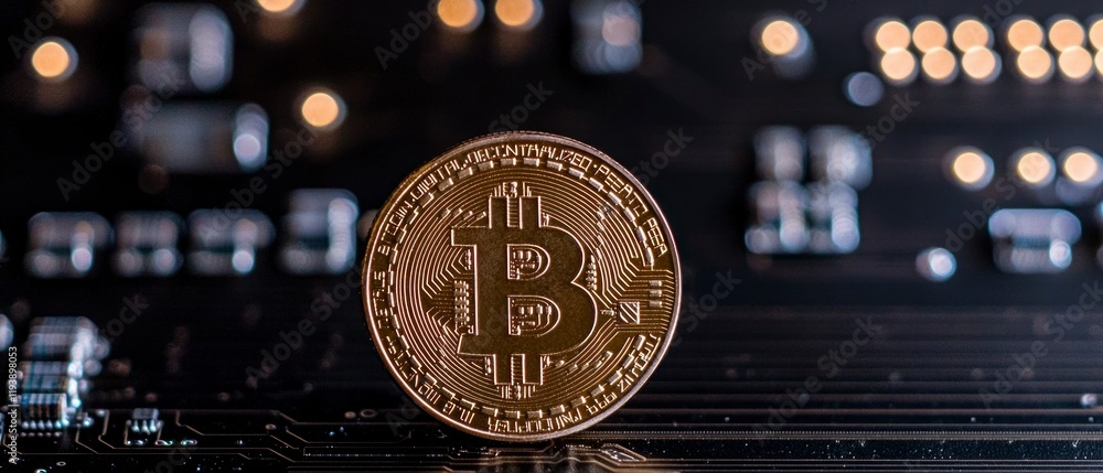 Poster bitcoin cryptocurrency on circuit board digital currency blockchain technology finance