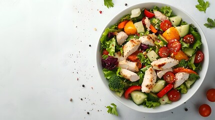 Fresh vegetable salad with cheese on white background, space for text