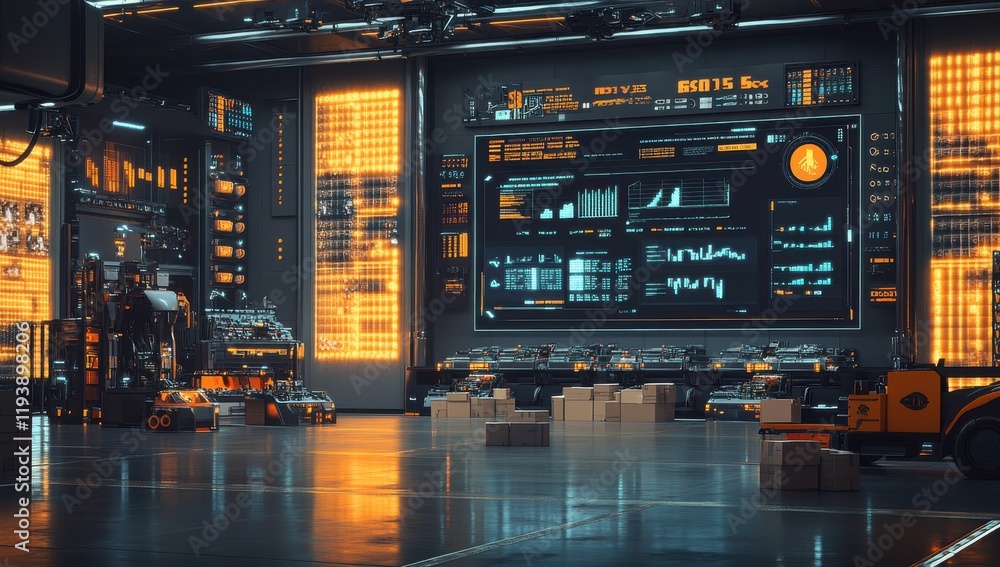 Poster futuristic technology control room with data screens, robots, and warehouse elements for industrial 