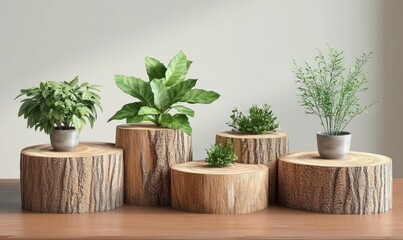 Minimalist Wooden Logs Display with Green Plants and Natural Light