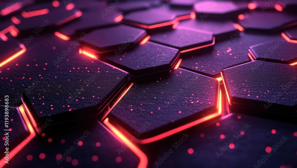 Poster glowing hexagonal tiles in dark background with bright neon lights and texture for futuristic and ab